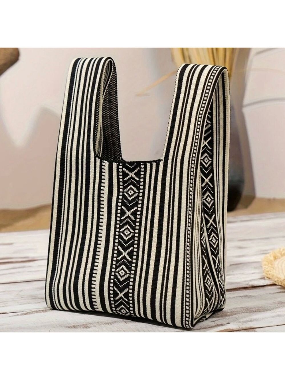 Heavy Woven Knit Striped Pattern Tote Purse Bag Japanese Knot  Closure Style